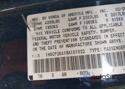 2008 Honda Accord Lxp z USA, uszkodzony, nr VIN 1HGCP26418A101022